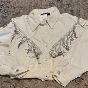 Chic Off-White Jean Jacket with Silver Embellishments